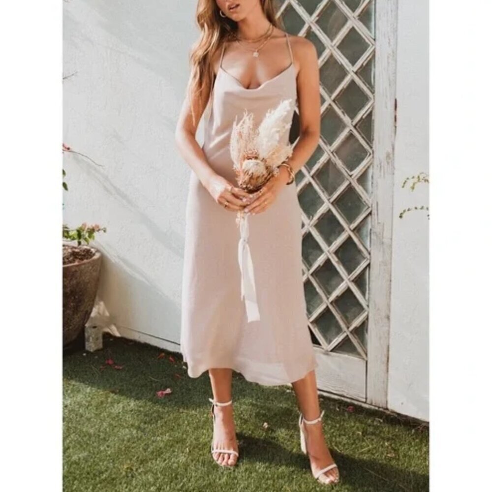 NWT Show Me Your Mumu Verona Chiffon Cowl Neck Slip Dress in Soft Beige Sz. XXL